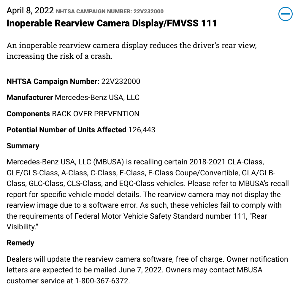 后视摄像头图像或无法显示，梅赛德斯-奔驰在美召回超12.64万辆汽车